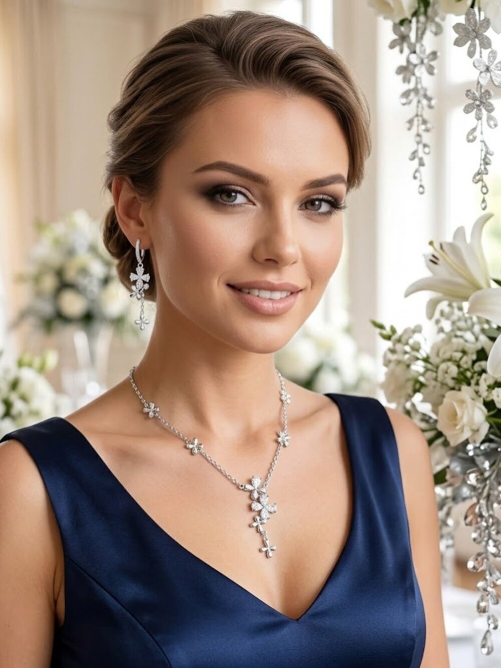Cz Daisy Flower necklace Earrings Set 14k white gold plated